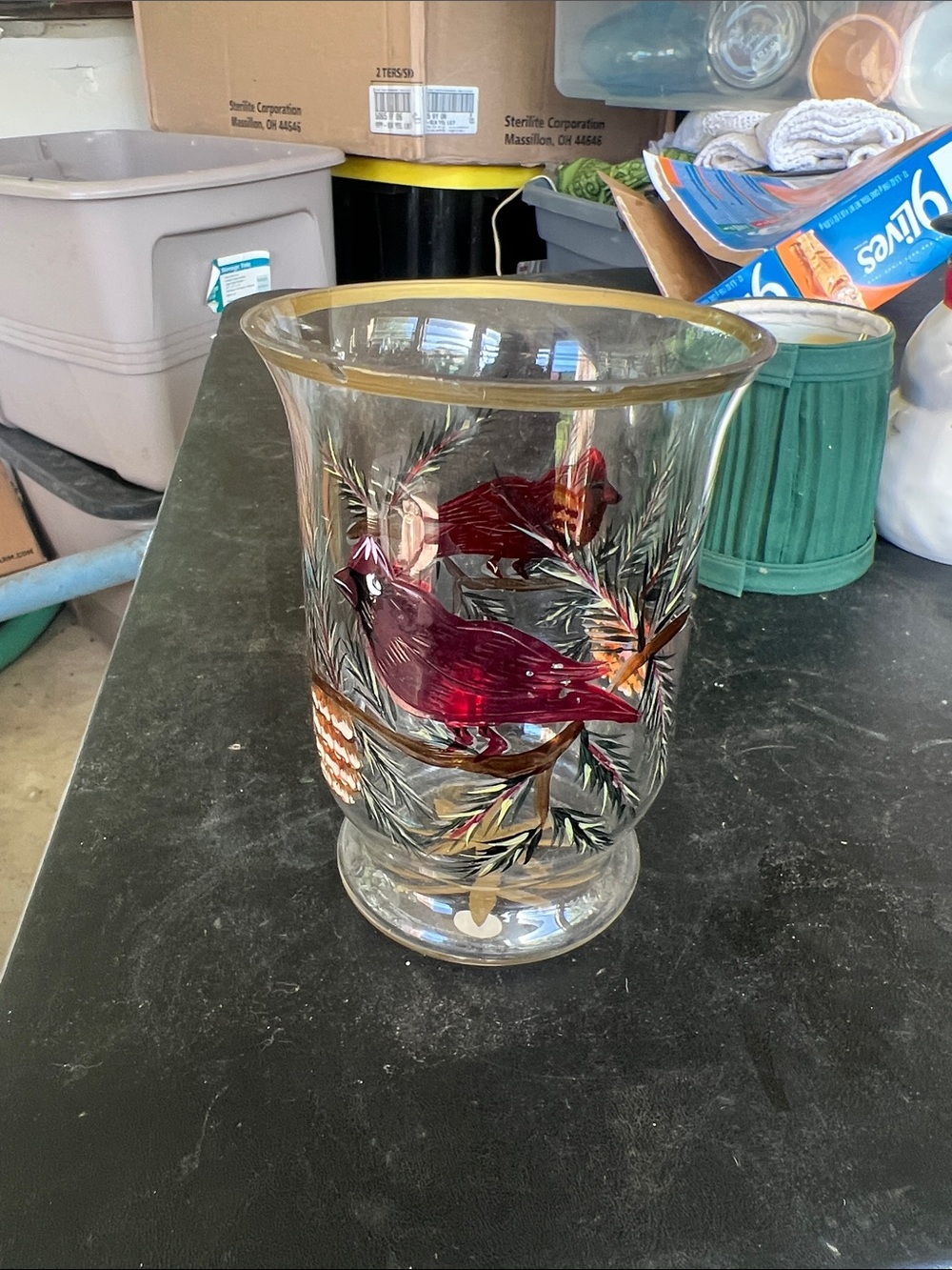 Vintage Hand-Painted Red Cardinal Glass Vase with Gold Rim